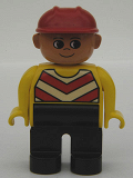 LEGO 4555pb096 Duplo Figure, Male, Black Legs, Chevron Vest, Yellow Arms, Construction Hat Red