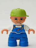 LEGO 47205pb002 Duplo Figure Lego Ville, Child Boy, Blue Legs, White Top with Blue Overalls, Worms in Pocket, Lime Cap