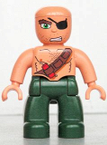 LEGO 47394pb088 Duplo Figure Lego Ville, Male Pirate, Dark Green Legs, Flesh Top with Strap and Dynamite, Bald Head, Eyepatch