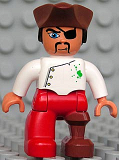 LEGO 47394pb090 Duplo Figure Lego Ville, Male Pirate, Red Legs, White Top with Buttons and Green Spots, Reddish Brown Pirate Hat, Eyepatch, Peg Leg