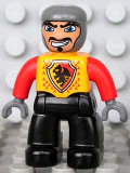 LEGO 47394pb099 Duplo Figure Lego Ville, Male Castle, Black Legs, Bright Light Orange Chest, Red Arms, Dark Bluish Gray Hands, Wide Crooked Grin