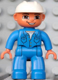 LEGO 47394pb105 Duplo Figure Lego Ville, Male, Blue Legs, Blue Top with Pockets, White Hat, Brown Eyes and Open Mouth Smile
