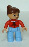 LEGO 47394pb114 Duplo Figure Lego Ville, Female, Medium Blue Legs, Red Jacket with Zipper and Pockets, Reddish Brown Ponytail Hair