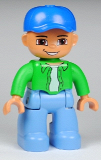 LEGO 47394pb127 Duplo Figure Lego Ville, Male, Medium Blue Legs, Bright Green Top with White Undershirt, Blue Cap
