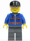 LEGO cty0150 Blue Jacket with Pockets and Orange Stripes, Dark Bluish Gray Legs, Black Cap, Silver Sunglasses