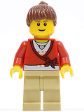 LEGO cty0179 Sweater Cropped with Bow, Heart Necklace, Tan Legs, Reddish Brown Hair Female Ponytail, Brown Eyebrows, Thin Grin