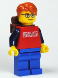 LEGO cty0180 Red Shirt with 3 Silver Logos, Dark Blue Arms, Blue Legs, Dark Orange Short Tousled Hair, Backpack