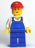 LEGO cty0202 Overalls Blue over V-Neck Shirt, Blue Legs, Red Short Bill Cap