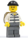 LEGO cty0222 Police - Jail Prisoner 50380 Prison Stripes, Dark Bluish Gray Legs, Black Knit Cap, Brown Eyebrows, Thin Grin, Backpack