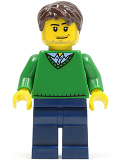 LEGO cty0261 Green V-Neck Sweater, Dark Blue Legs, Dark Brown Short Tousled Hair, Smirk and Stubble Beard