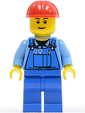 LEGO cty0291 Overalls with Tools in Pocket Blue, Red Construction Helmet, Black Eyebrows, Thin Grin