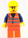 LEGO trn145 Orange Vest with Safety Stripes - Orange Legs, Yellow Construction Helmet, Female Dual Sided Head