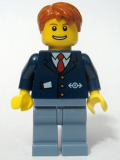 LEGO trn146 Dark Blue Suit with Train Logo, Sand Blue Legs, Dark Orange Hair - Conductor