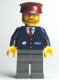 LEGO trn148 Dark Blue Suit with Train Logo, Dark Bluish Gray Legs, Dark Red Hat, Beard and Glasses