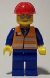 LEGO trn225 Orange Vest with Safety Stripes - Blue Legs, Silver Glasses, Red Construction Helmet