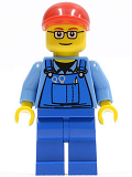 LEGO trn227 Overalls with Tools in Pocket, Blue Legs, Red Short Bill Cap, Glasses with Brown Thin Eyebrows