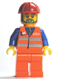 LEGO trn229 Orange Vest with Safety Stripes - Orange Legs, Red Construction Helmet, Gray Beard