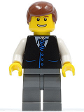 LEGO twn108 Black Vest with Blue Striped Tie, Dark Bluish Gray Legs, White Arms, Reddish Brown Male Hair