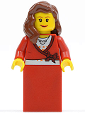 LEGO twn121 Sweater Cropped with Bow, Heart Necklace, Red Skirt, Reddish Brown Female Hair over Shoulder, Small Eylashes and Wide Smile