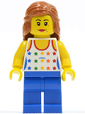 LEGO twn129 Shirt with Female Rainbow Stars Pattern, Blue Legs, Dark Orange Female Hair Mid-Length