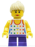 LEGO twn130 Shirt with Female Rainbow Stars Pattern, Dark Purple Short Legs, Tan Ponytail Hair