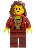 LEGO twn137 Female Corset with Gold Panel Front and Lace Up Back Pattern, Dark Red Legs, Reddish Brown Female Hair over Shoulder