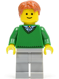 LEGO twn140 Green V-Neck Sweater, Light Bluish Gray Legs, Dark Orange Short Tousled Hair